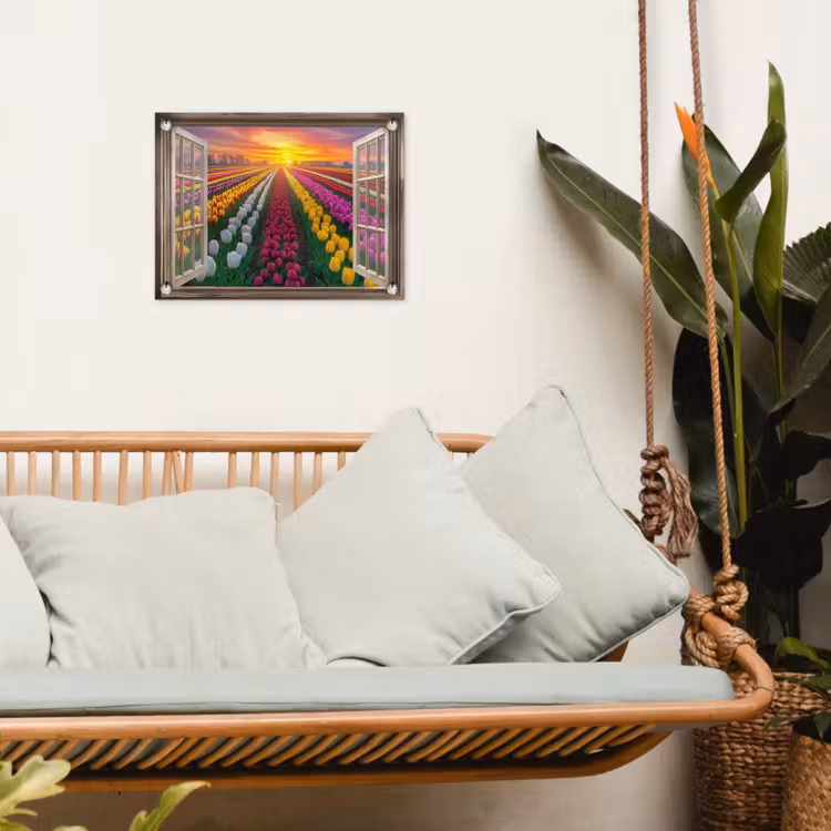 Doorkijk - Bloemen - Tulpen - Kleurrijk - Zonsondergang tuinposter los doek klein -sfeer7