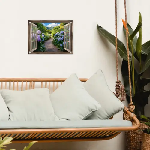 Doorkijk - Hortensia - Pad - Natuur tuinposter los doek klein -sfeer7