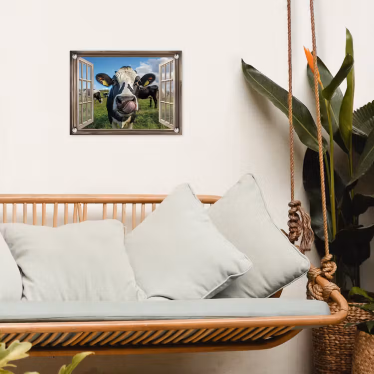 Doorkijk - Koe - Weiland - Dieren - Natuur tuinposter los doek klein -sfeer7