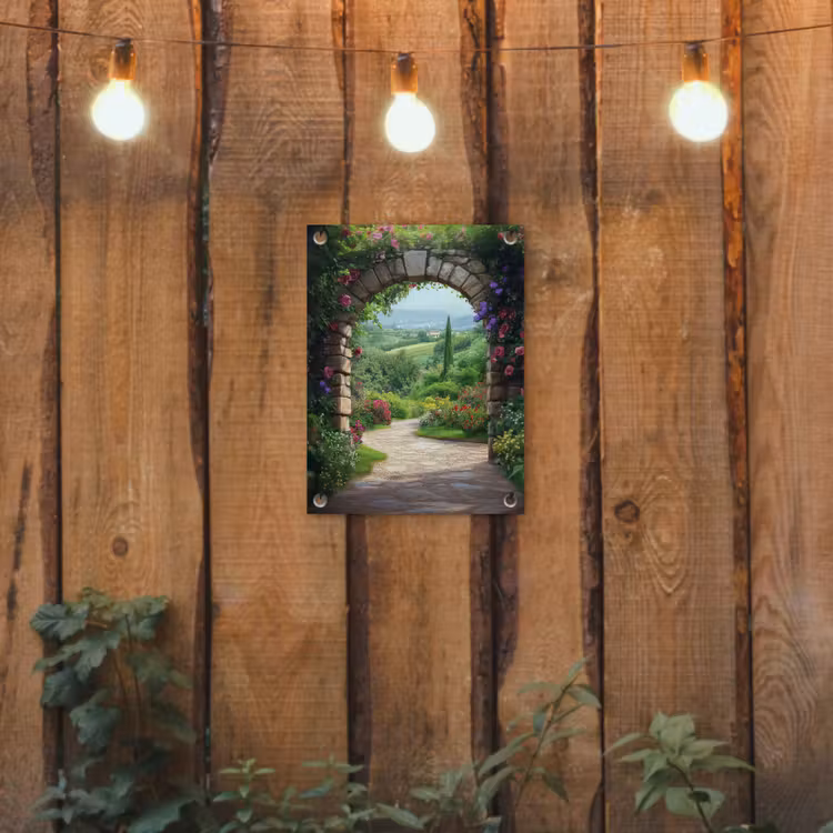 Doorkijk - Landschap - Bloemen - Pad - Uitzicht tuinposter los doek klein -sfeer1