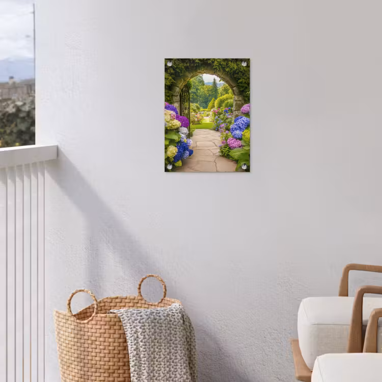 Doorkijk - Poort - Hortensia - Bloementuin tuinposter los doek klein -sfeer8