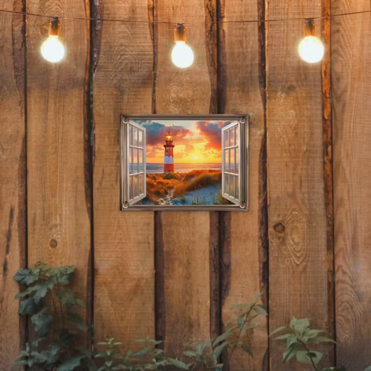 Doorkijk - Raam - Vuurtoren - Zonsondergang - Strand tuinposter los doek klein -sfeer1