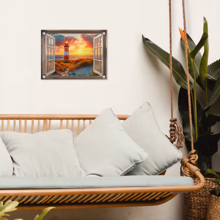 Doorkijk - Raam - Vuurtoren - Zonsondergang - Strand tuinposter los doek klein -sfeer7