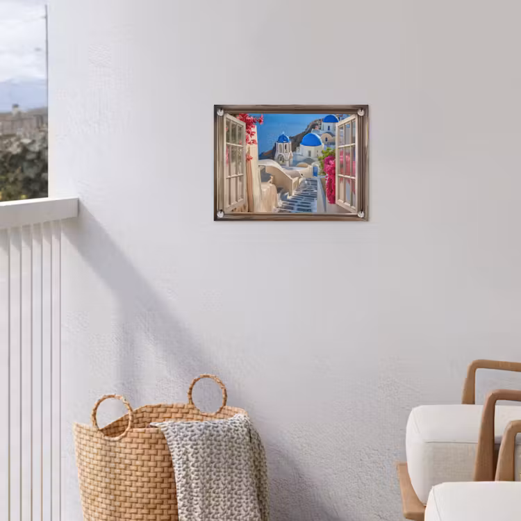 Doorkijk - Santorini - Landschap - Blauw - Grieks tuinposter los doek klein -sfeer8