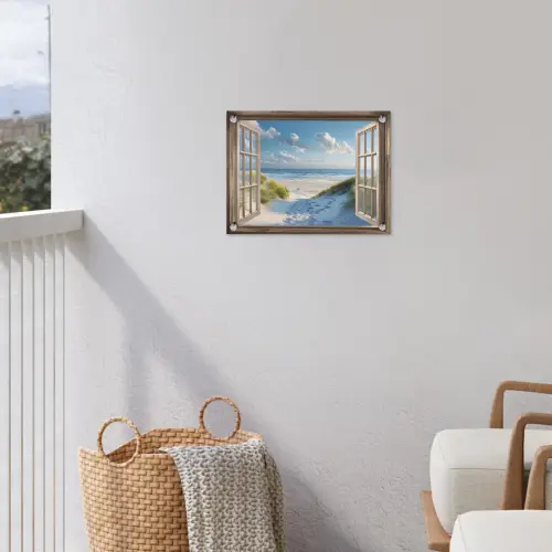 Doorkijk - Strand - Raam - Duinen - Zee tuinposter los doek klein -sfeer8