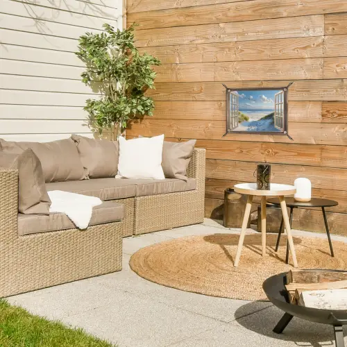Doorkijk - Strand - Raam - Duinen - Zee tuinposter los doek klein -sfeer4