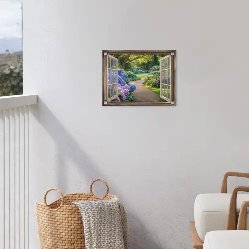 Doorkijk - Tuin - Raam - Hortensia - Bloemen tuinposter los doek klein -sfeer8