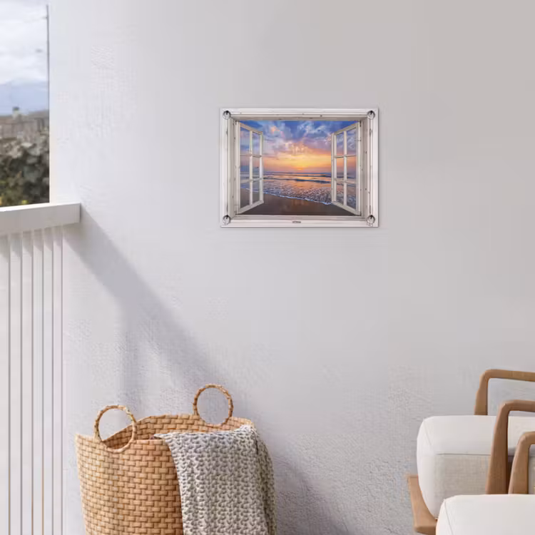 Doorkijk - Zee - Strand - Zonsondergang - Blauw tuinposter los doek klein -sfeer8