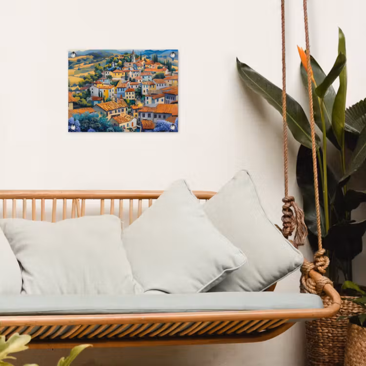 Dorp - Heuvels - Landschap - Bomen tuinposter los doek klein -sfeer7