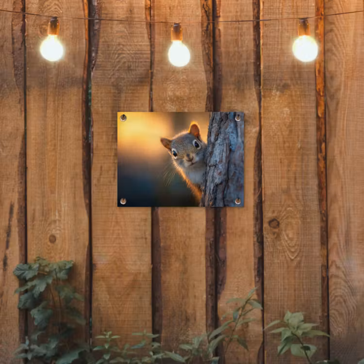 Eekhoorn - Boomstam - Zonsondergang tuinposter los doek klein -sfeer1