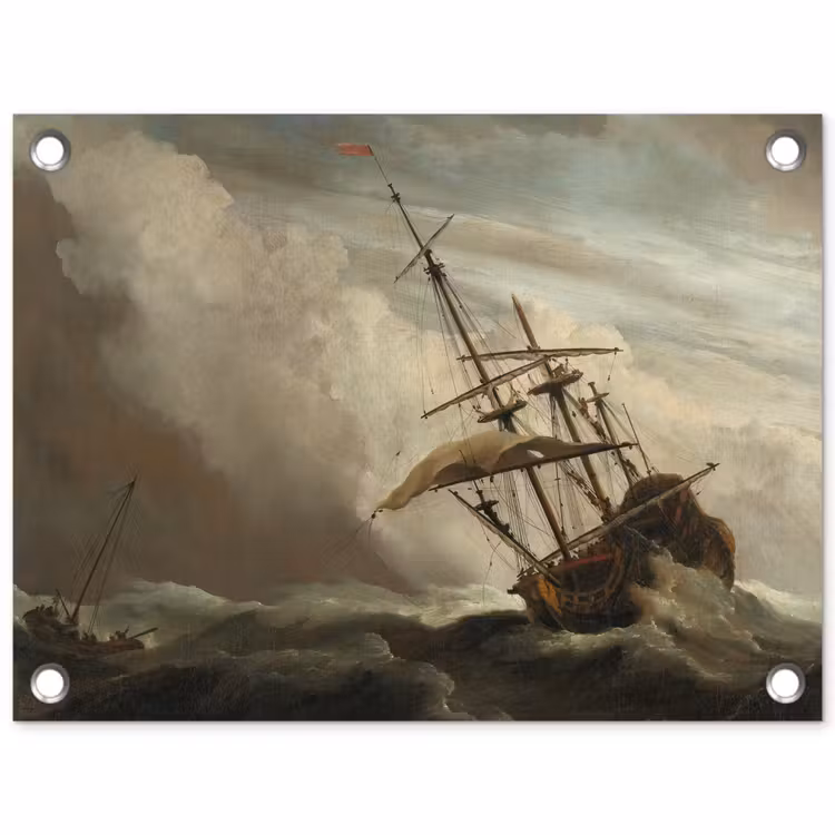 Een schip in volle zee bij vliegende storm - Schilderij van Willem van de Velde tuinposter los doek klein -3d