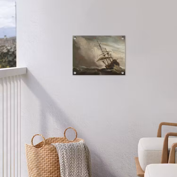 Een schip in volle zee bij vliegende storm - Schilderij van Willem van de Velde tuinposter los doek klein -sfeer8