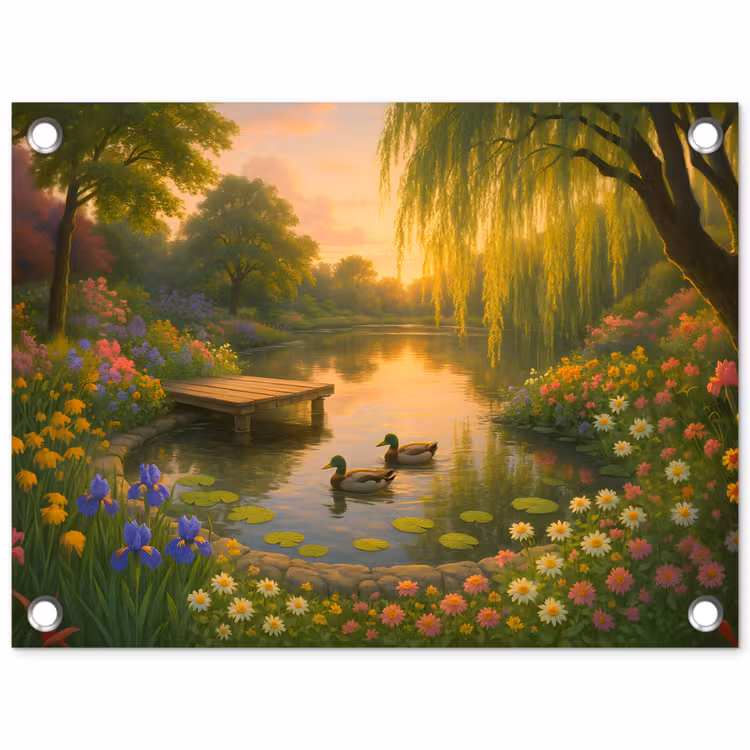 Eenden - Vijver - Bloemen tuinposter los doek klein -3d