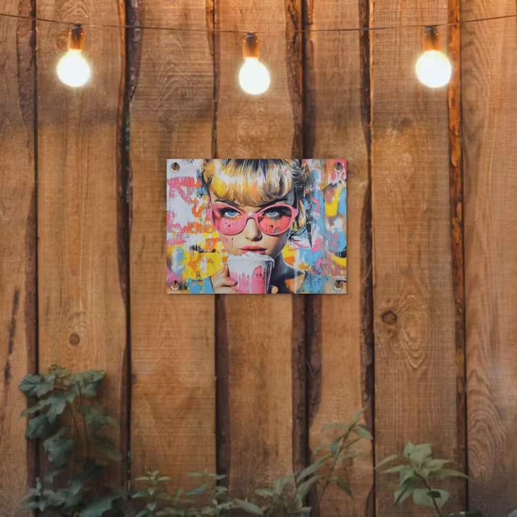 Expressief - Milkshake - Vrouw - Felle kleuren tuinposter los doek klein -sfeer1