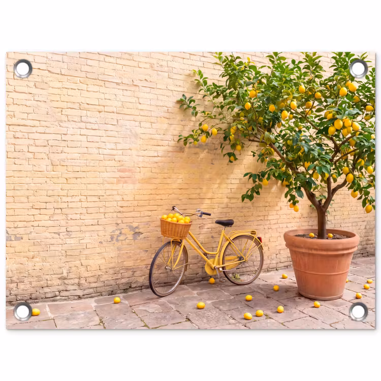 Fiets - Mand - Eten - Geel - Zomer tuinposter los doek klein -3d