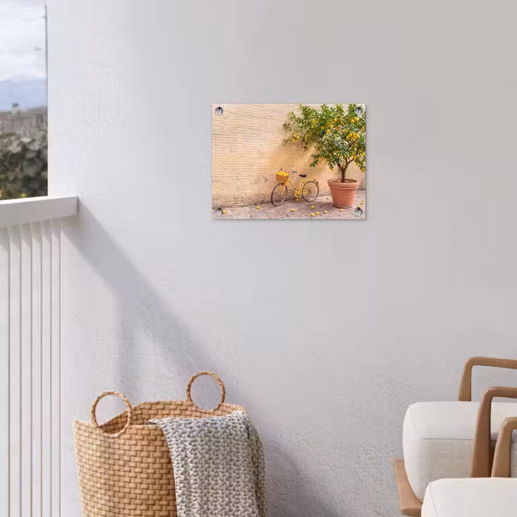 Fiets - Mand - Eten - Geel - Zomer tuinposter los doek klein -sfeer8