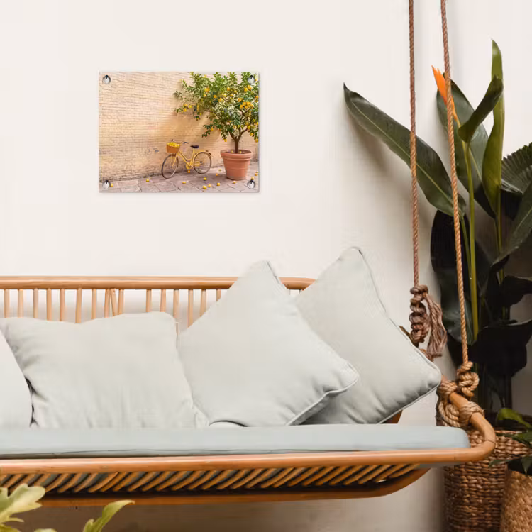 Fiets - Mand - Eten - Geel - Zomer tuinposter los doek klein -sfeer7