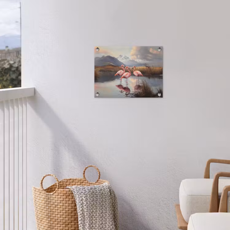 Flamingo - Roze - Meer - Bergen tuinposter los doek klein -sfeer8