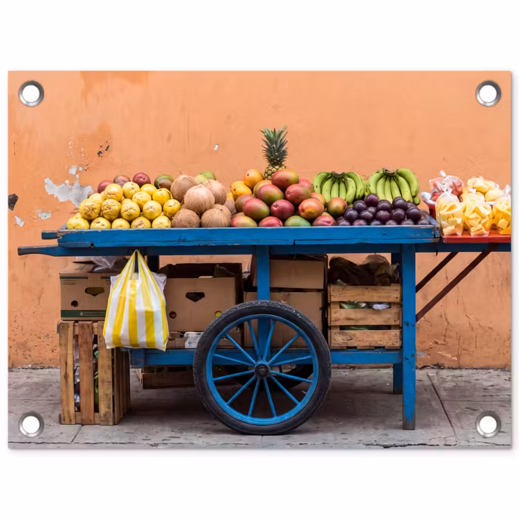 Tuinposter - Fruit - Kar - Straat - Fruit - Kar - Straat tuinposter los doek klein