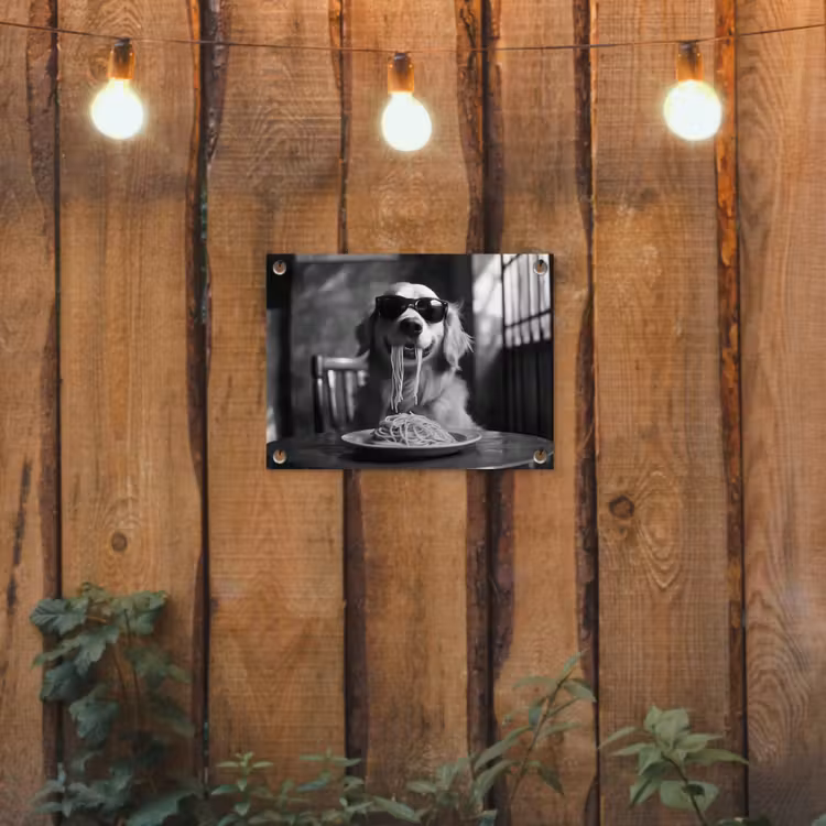 Golden Retriever - Hond - Vrolijk -  Bord spaghetti - Zwart - wit tuinposter los doek klein -sfeer1