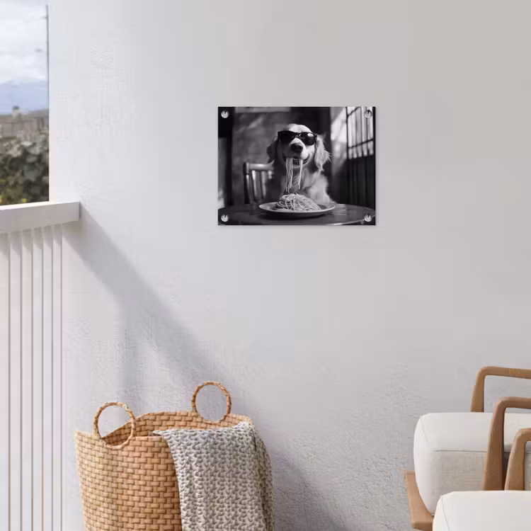 Golden Retriever - Hond - Vrolijk -  Bord spaghetti - Zwart - wit tuinposter los doek klein -sfeer8
