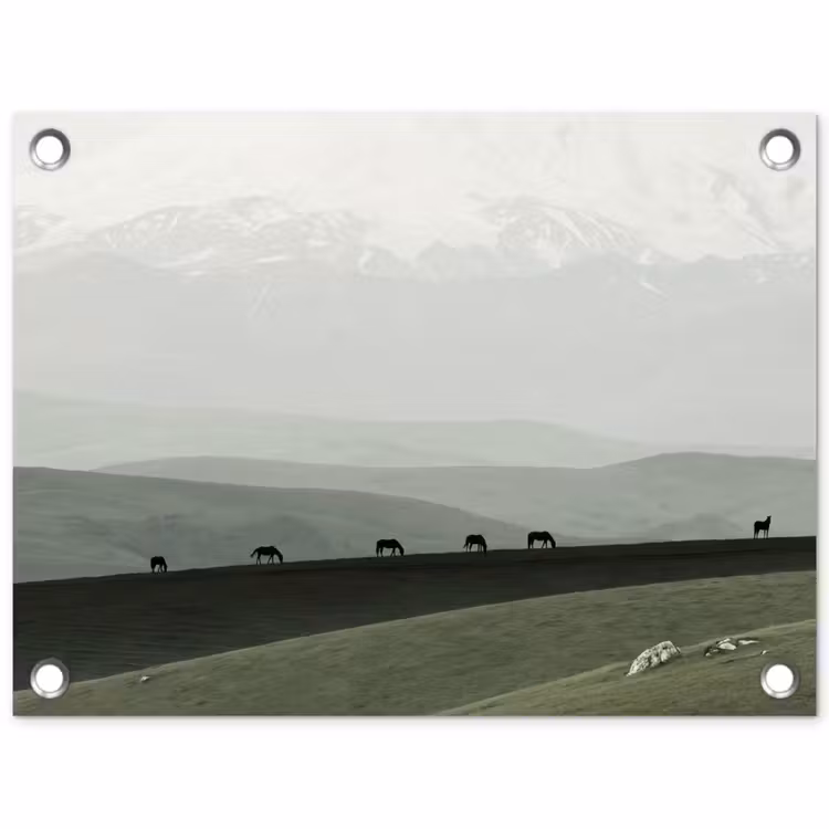 Grijs - Berg - Paarden tuinposter los doek klein -3d