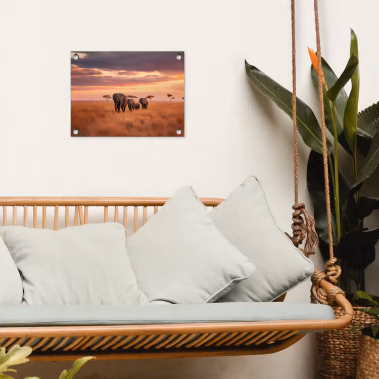 Groep olifanten - Open vlakte - Zon tuinposter los doek klein -sfeer7