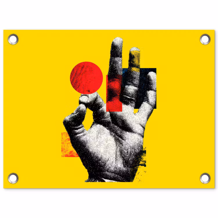 Hand - Rode cirkel - Geel tuinposter los doek klein -3d
