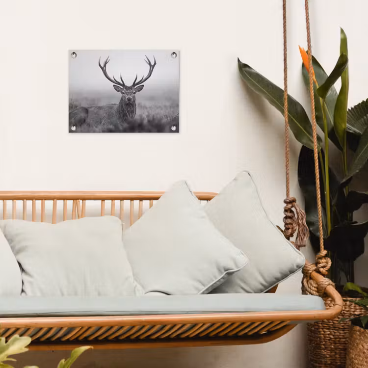 Hert - Mistig - Zwart - Wit tuinposter los doek klein -sfeer7