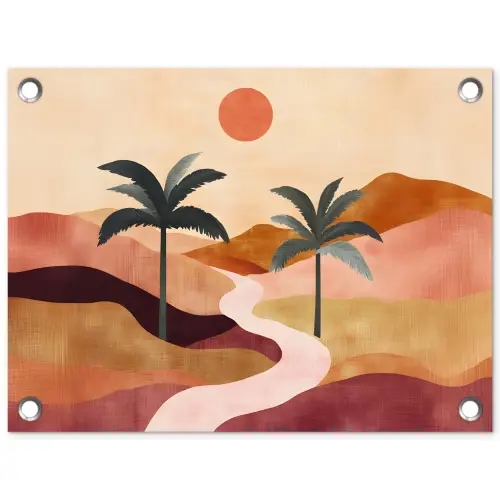 Heuvels - Palmbomen - Abstract tuinposter los doek klein -3d