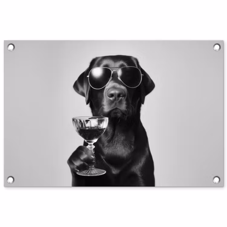 Hond - Zwart - Wijnglas - Zonnebril tuinposter los doek klein -3d