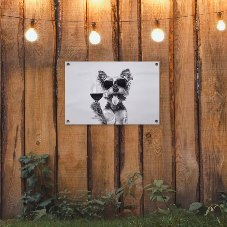 Hondje - Wijnglas - Zonnebril - Enthousiast tuinposter los doek klein -sfeer1