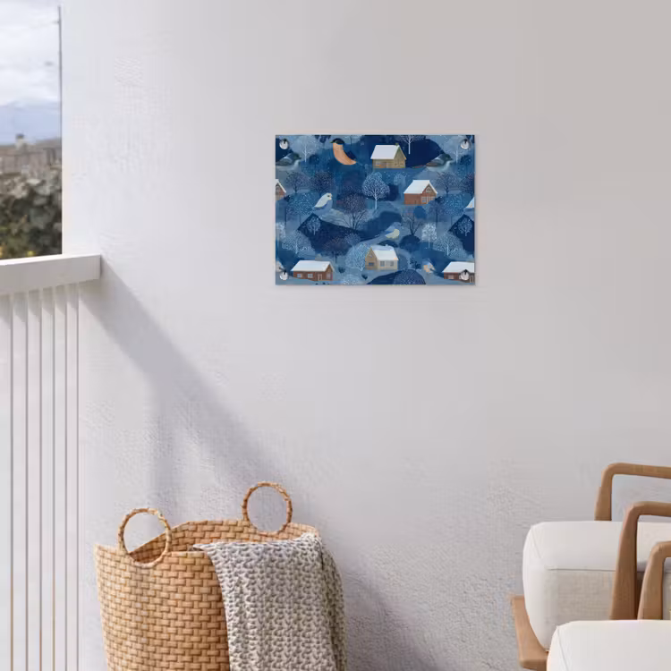 Huisjes - Vogels - Sneeuw - Winter - Blauw tuinposter los doek klein 239 -sfeer8