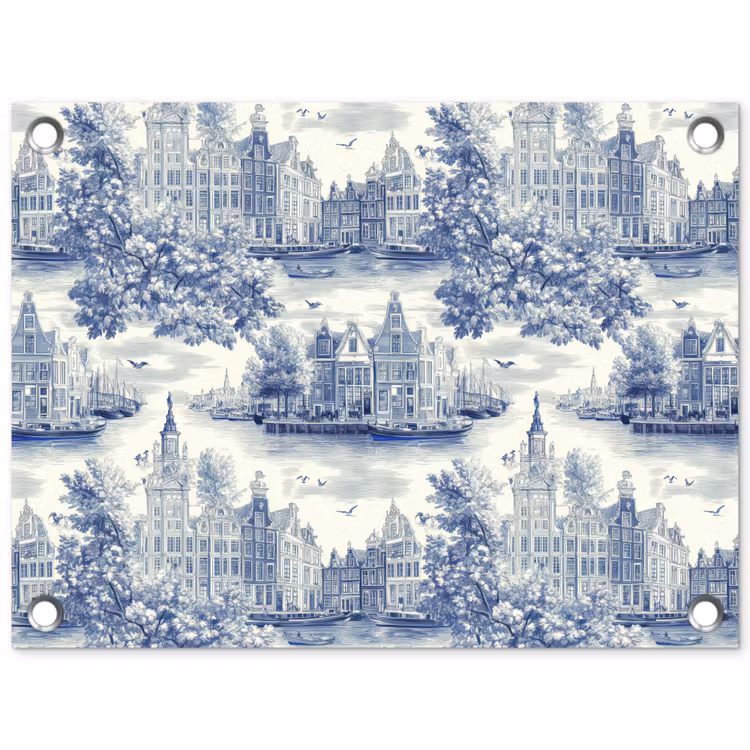 Huizen - Bomen - Water - Vogels - Blauw tuinposter los doek klein 239 -3d