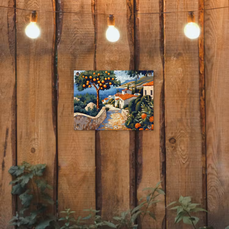 Huizen - Mozaïek - Sinaasappelbomen - Zee tuinposter los doek klein -sfeer1