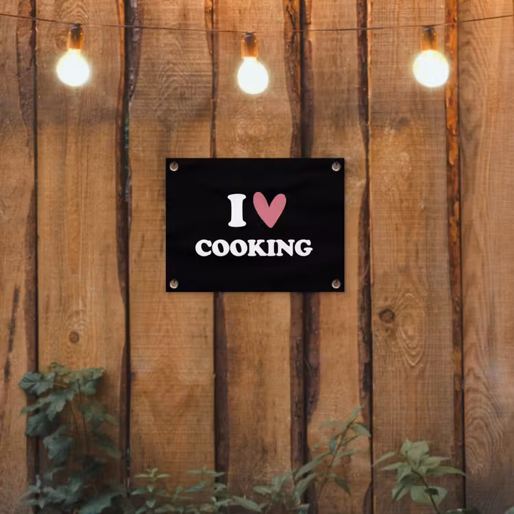 I love cooking - Koken - Hartje - Kookliefhebber - Kok - Spreuken tuinposter los doek klein -sfeer1