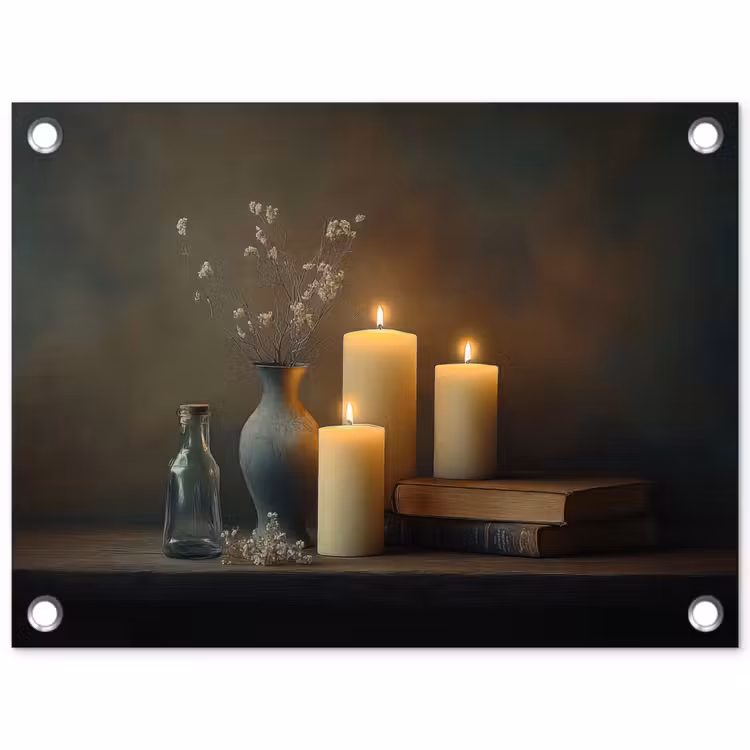 Kaarsen - Stilleven - Rustiek - Boeken tuinposter los doek klein -3d
