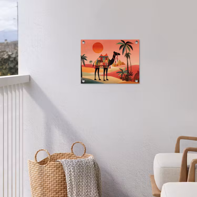 Kameel - Gekleurd tapijt - Duinen - Rode zon tuinposter los doek klein -sfeer8