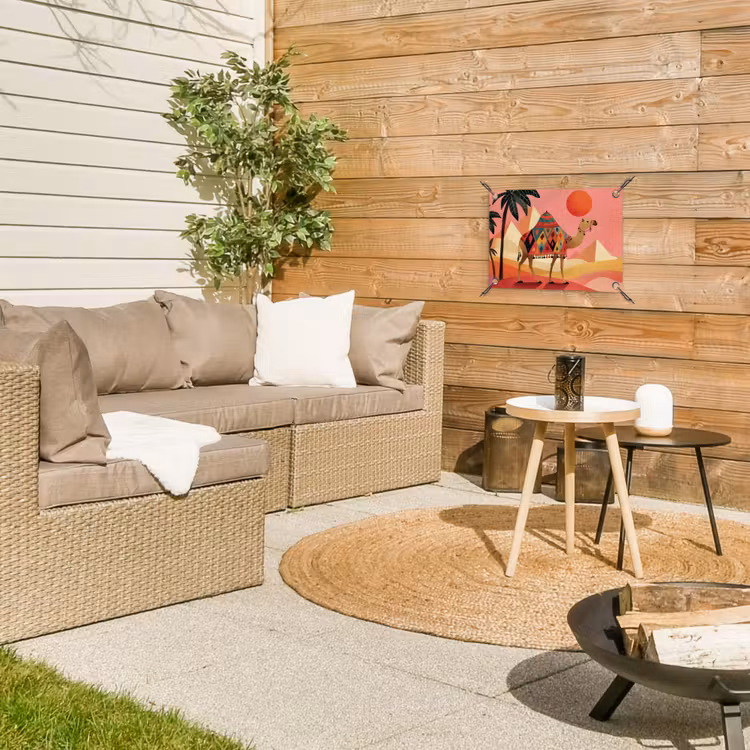 Kameel - Pyramides - Rode zon tuinposter los doek klein -sfeer4