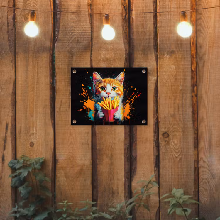 Kat - Eten - Patat - Graffiti - Abstract tuinposter los doek klein -sfeer1