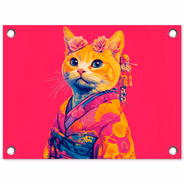 Kat - Kimono - Bloemen - Roze tuinposter los doek klein -3d