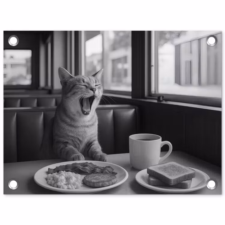 Kat - Koffie - Brood - Zwart tuinposter los doek klein -3d