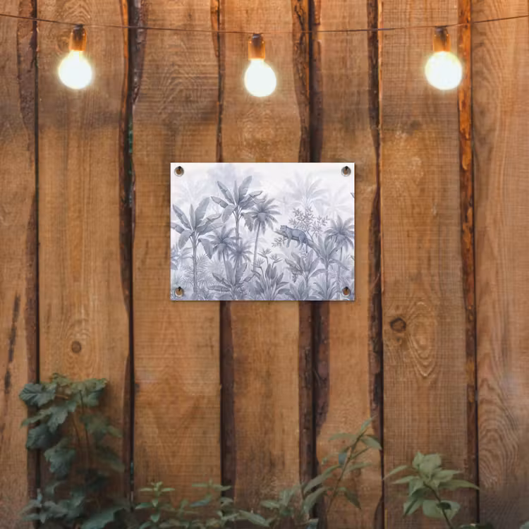 Kat - Tropisch bos - Modern - Grijs tuinposter los doek klein -sfeer1