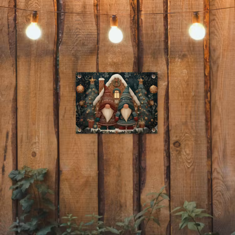Kerst - Gnomen - Peperkoekhuisje - Rood - Groen tuinposter los doek klein -sfeer1