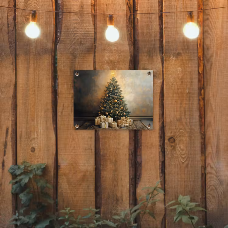 Kerstboom - Cadeaus - Goud tuinposter los doek klein -sfeer1