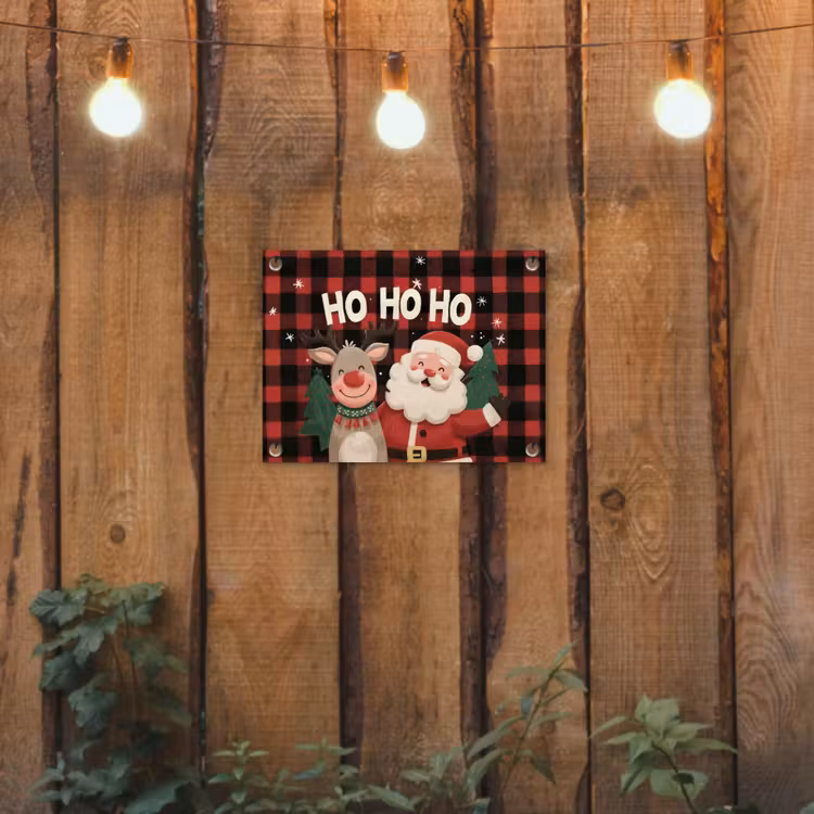 Kerstman - Rendier - Tekst - Rood - Zwart tuinposter los doek klein -sfeer1