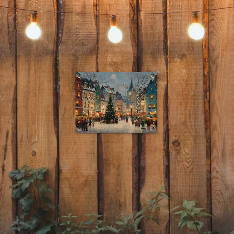 Kerstsfeer - Stadsplein - Kleurrijk tuinposter los doek klein -sfeer1