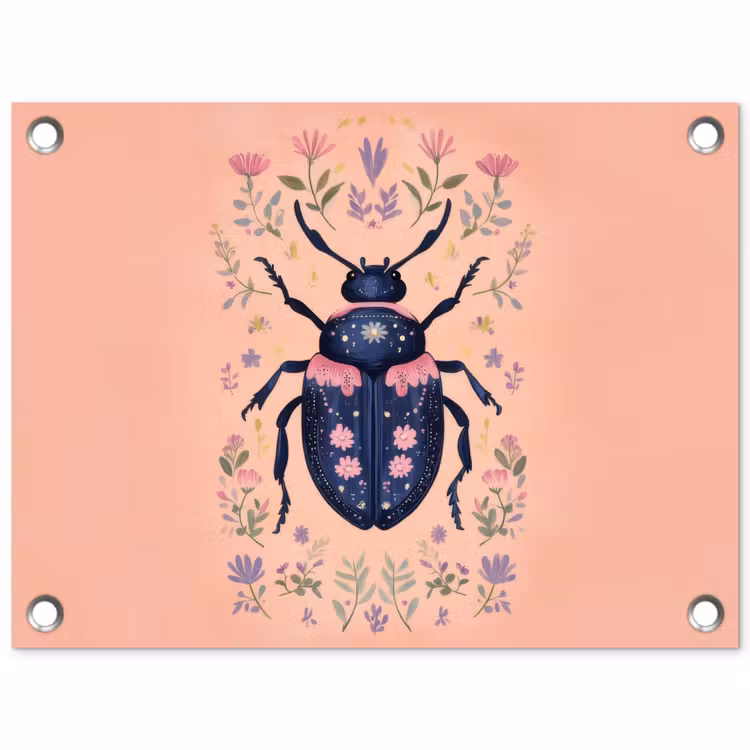 Kever - Donkerblauw - Bloemen - Sierlijk tuinposter los doek klein -3d
