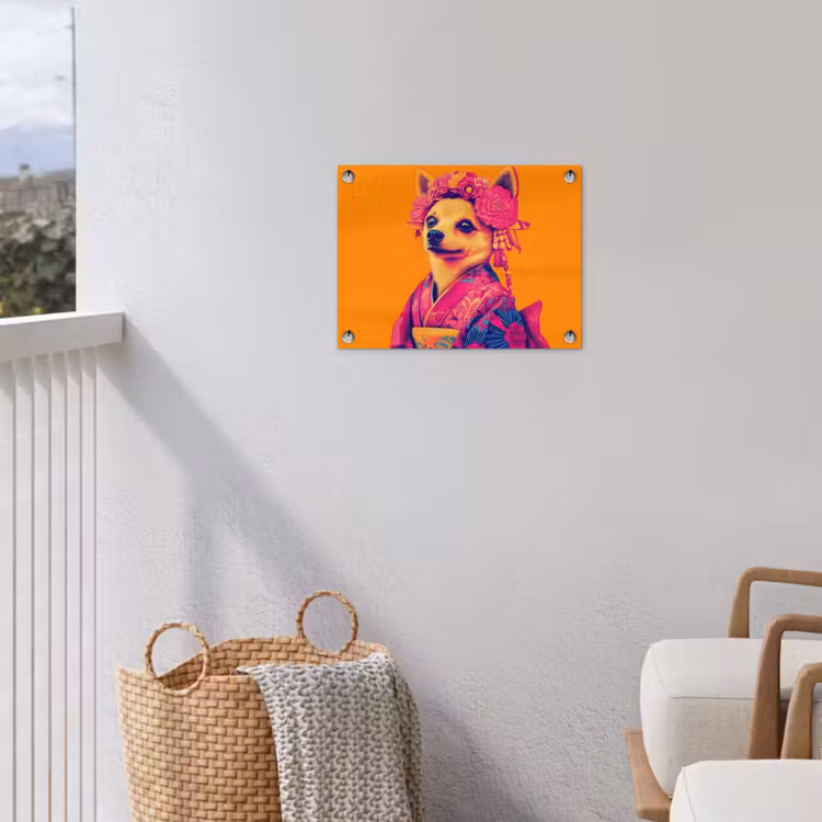 Kimono - Hondje - Bloemenkroon - Oranje tuinposter los doek klein -sfeer8