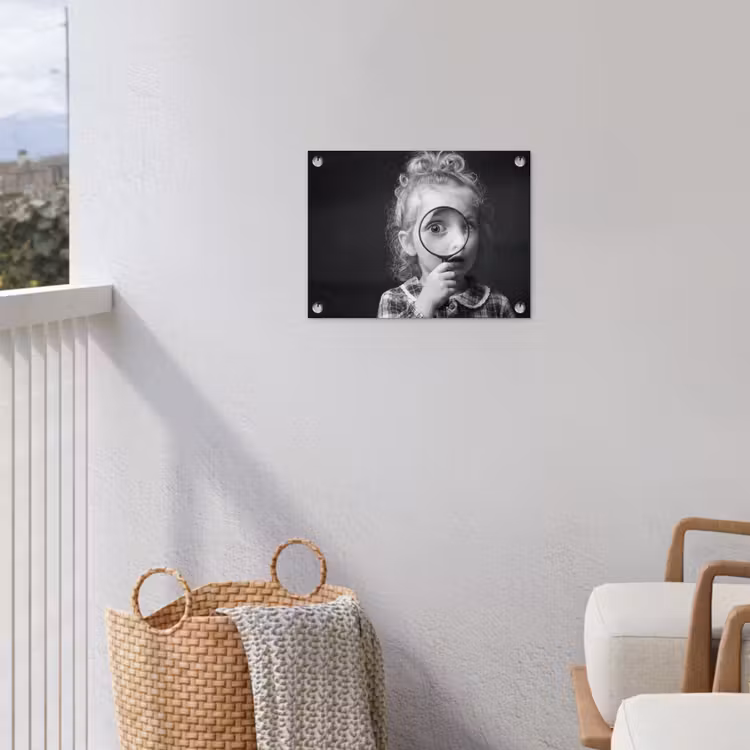 Kind - Vergrootglas - Portret - Zwart-wit tuinposter los doek klein -sfeer8